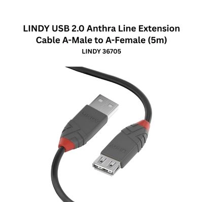 Lindy USB 2.0 Anthra Line USB-A Male to A Female Extension Cable 5m
