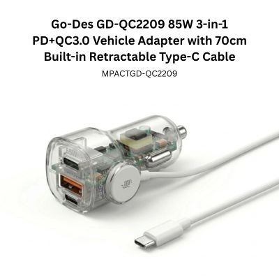 Go-Des GD-QC2209 85W 3-in-1 PD+QC3.0 Vehicle Adapter with 70cm Built-in Retractable Type-C Cable