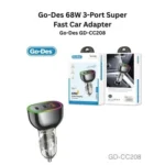 Go-Des GD-CC208 68W Super Fast 3-Port Car Adapter Transparent Design with RGB LED