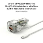 Go-Des GD-QC2209 85W 3-in-1 PD+QC3.0 Vehicle Adapter with 70cm Built-in Retractable Type-C Cable